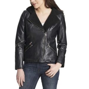 Women's Levi’s Black Sherp Lined Faux Leather Hooded Moto Asymmetrical Jacket XS